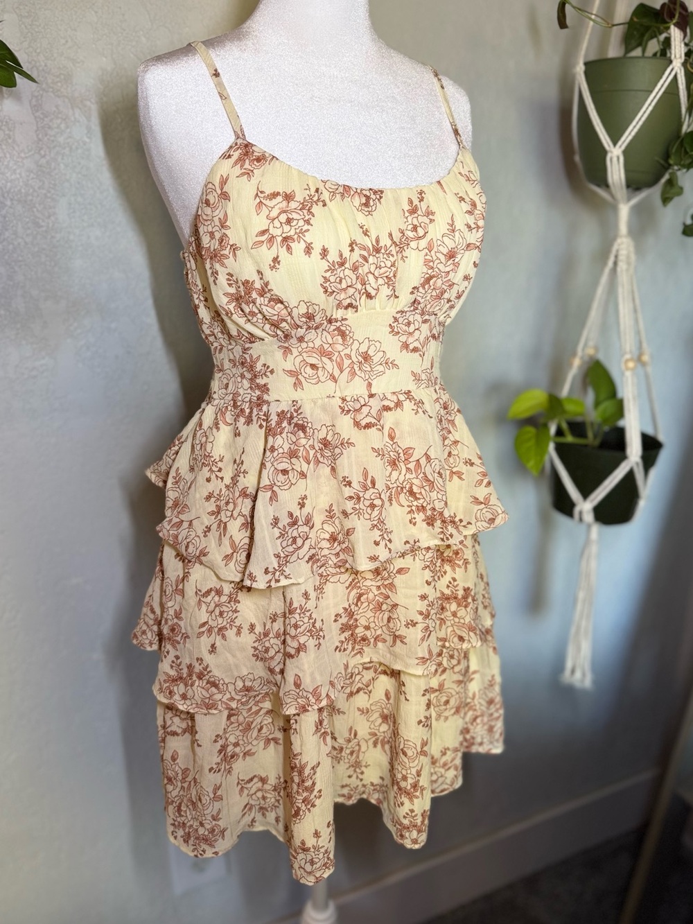 Floral Tiered Cream Mini Sundress with Rust Print